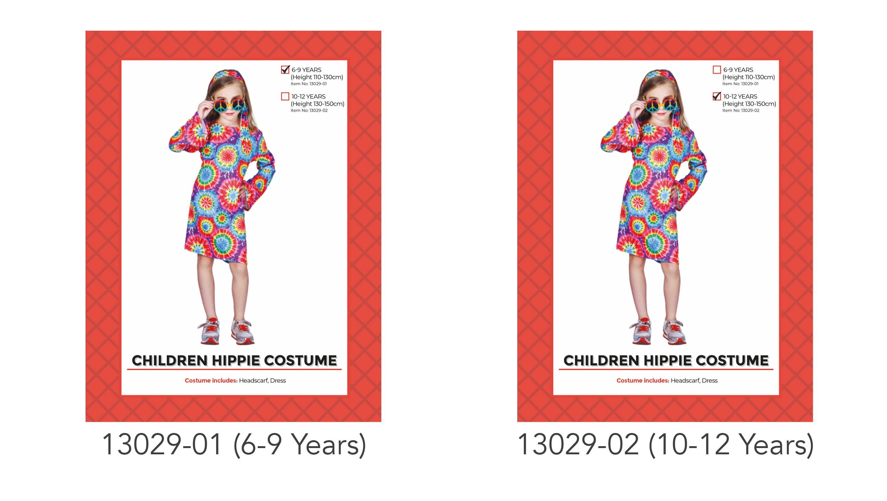 Multicoloured tie-dye dress; Matching headscarf; Long sleeve dress; Child model wearing costume; Two size options shown;