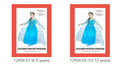blue dress with sequin bodice; attached sheer cape with snowflake pattern; long sheer sleeves; child wearing tiara; available in sizes 6-9 and 10-12 years;