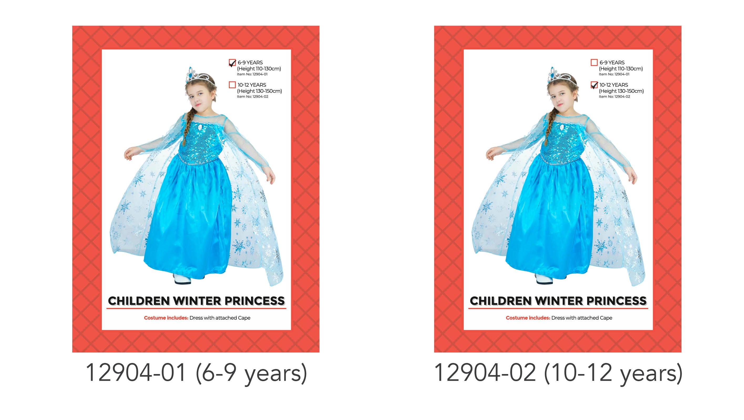 blue dress with sequin bodice; attached sheer cape with snowflake pattern; long sheer sleeves; child wearing tiara; available in sizes 6-9 and 10-12 years;