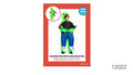 bright green inflatable alien suit; black top on wearer; blue inflatable pants; white inflatable shoes with black stripes;