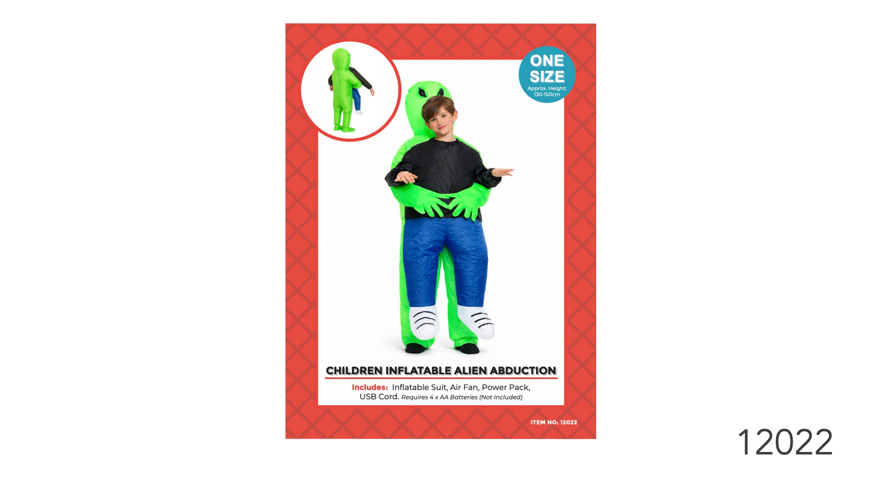 bright green inflatable alien suit; black top on wearer; blue inflatable pants; white inflatable shoes with black stripes;