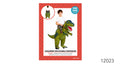 Green dinosaur-shaped inflatable suit with dark blue markings; Large dinosaur head with an open red mouth and white teeth; Packaging states one size for an approximate height of 130–150 cm; Packaging shows the costume worn over the wearer’s legs;