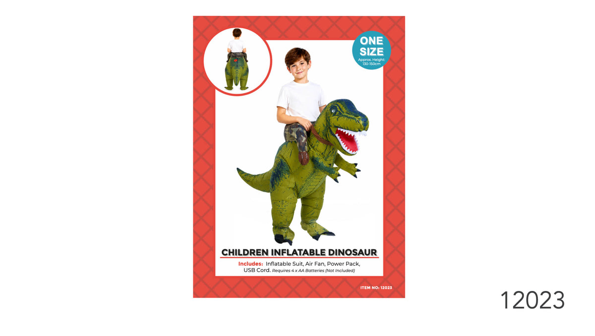 Green dinosaur-shaped inflatable suit with dark blue markings; Large dinosaur head with an open red mouth and white teeth; Packaging states one size for an approximate height of 130–150 cm; Packaging shows the costume worn over the wearer’s legs;