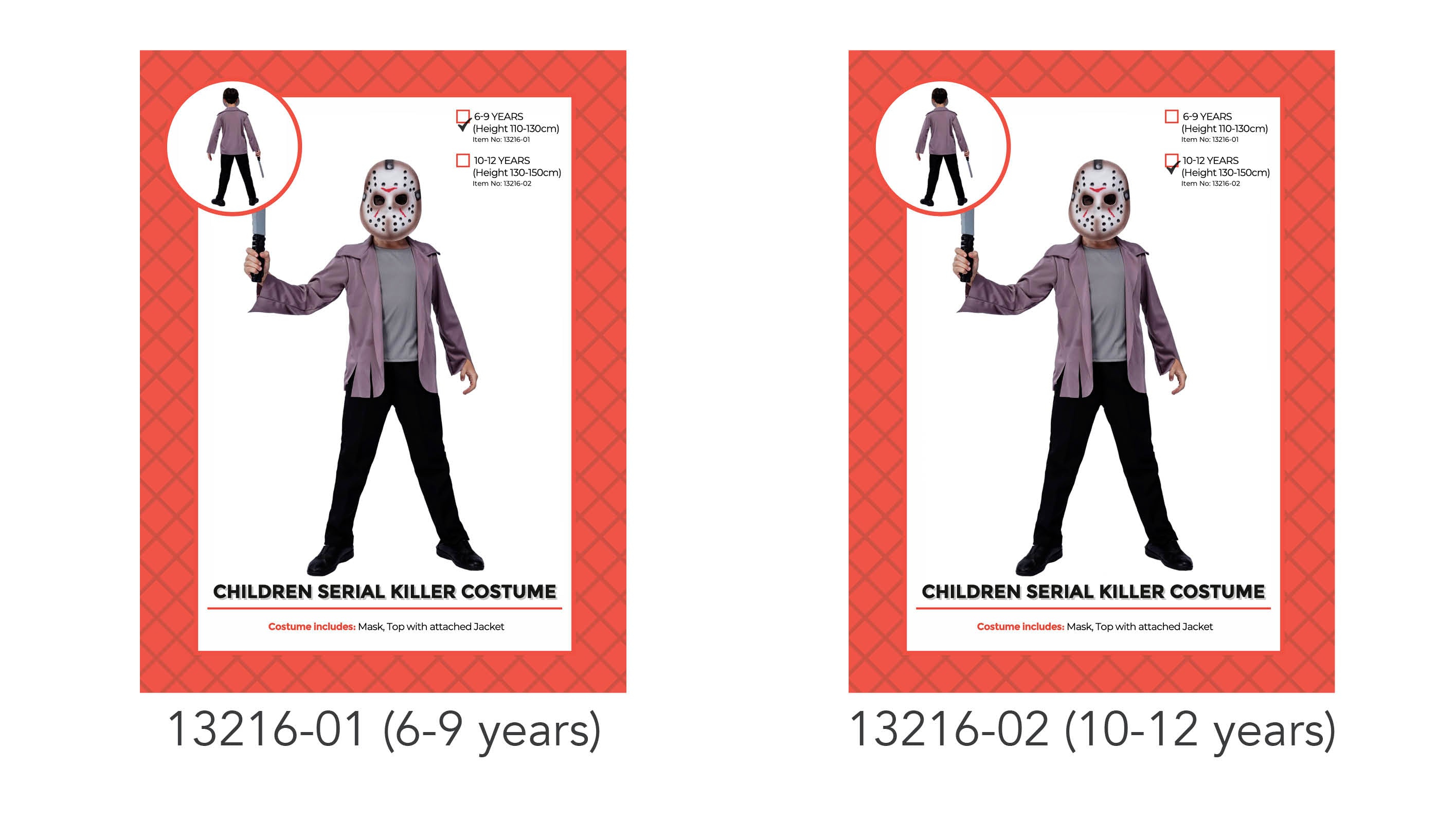 white hockey-style mask with black and red markings; grey top with attached purple jacket; black pants; child model holding plastic knife; designed for 10-12 years age group;