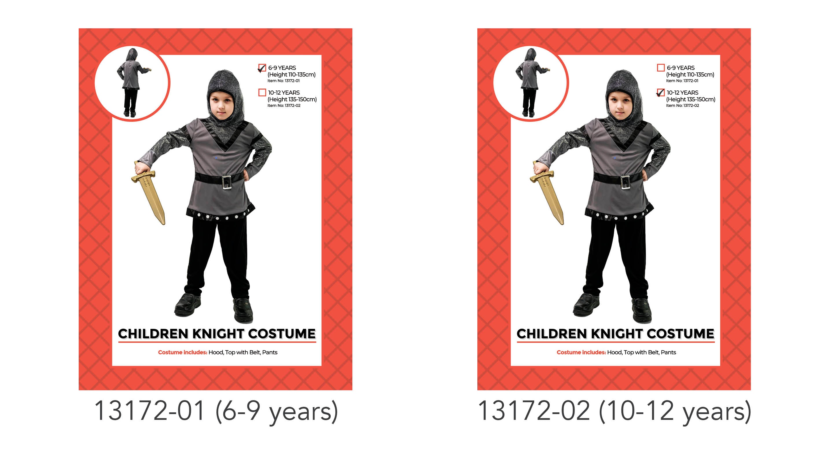 grey top with belt; black pants; matching hood; child wearing costume holding toy sword;