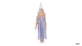 lavender-coloured long dress; sheer puff sleeves; white bow detail on chest; pointed sheer princess hat; child size;