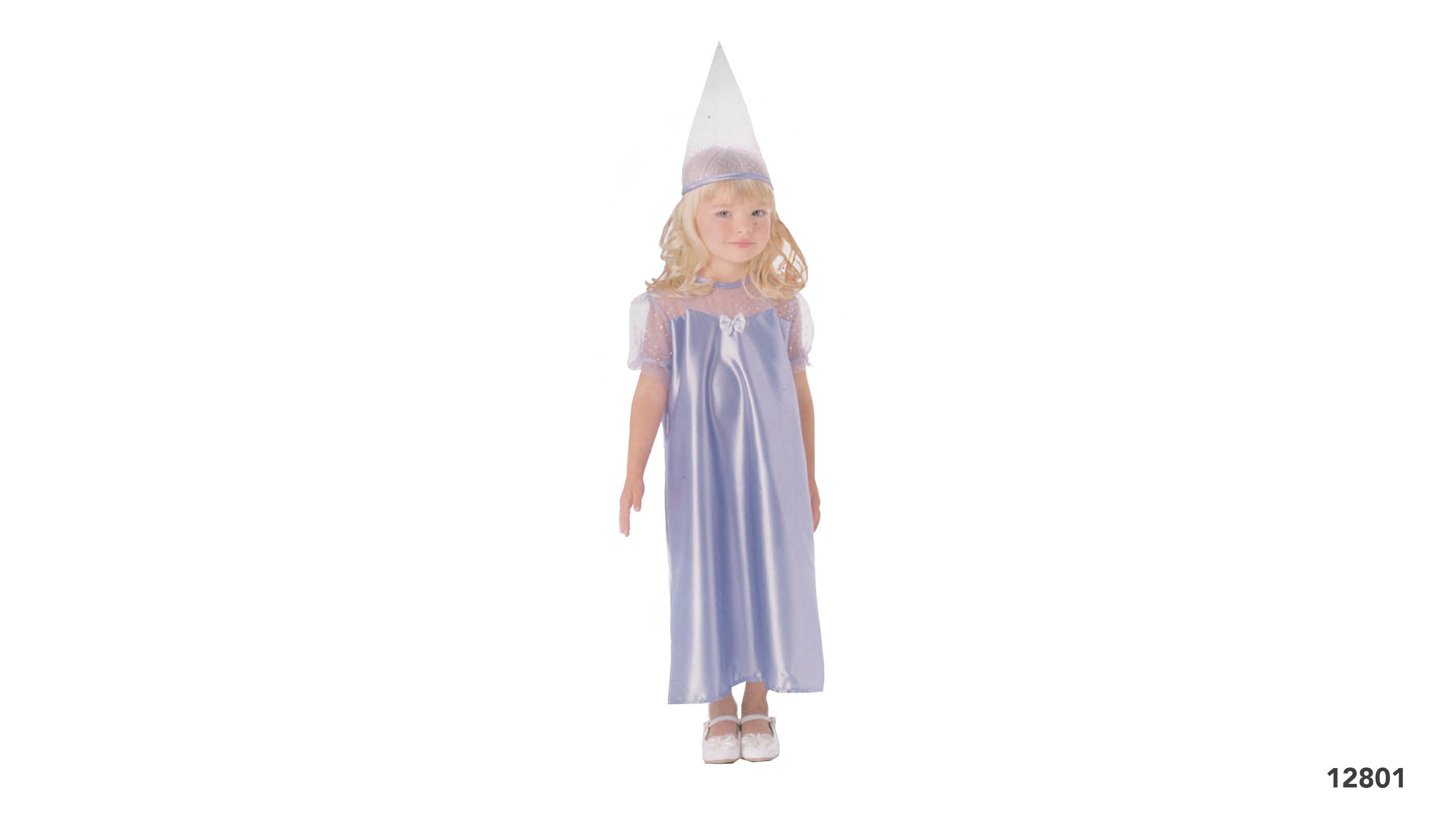 lavender-coloured long dress; sheer puff sleeves; white bow detail on chest; pointed sheer princess hat; child size;