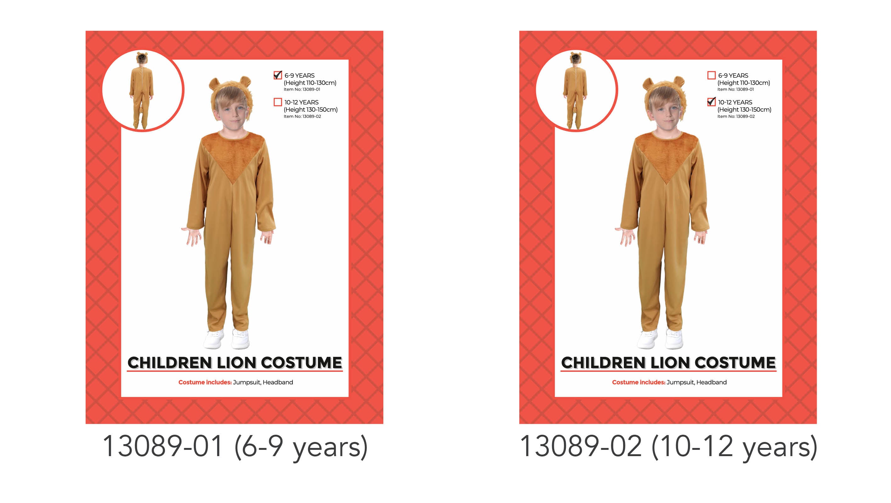 brown jumpsuit with lighter chest detail; headband with lion ears; full-body costume style; available in two size options;