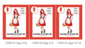 red hooded cape; red dress with black corset detail; white apron with heart trim; short puffed white sleeves; wicker basket as accessory;