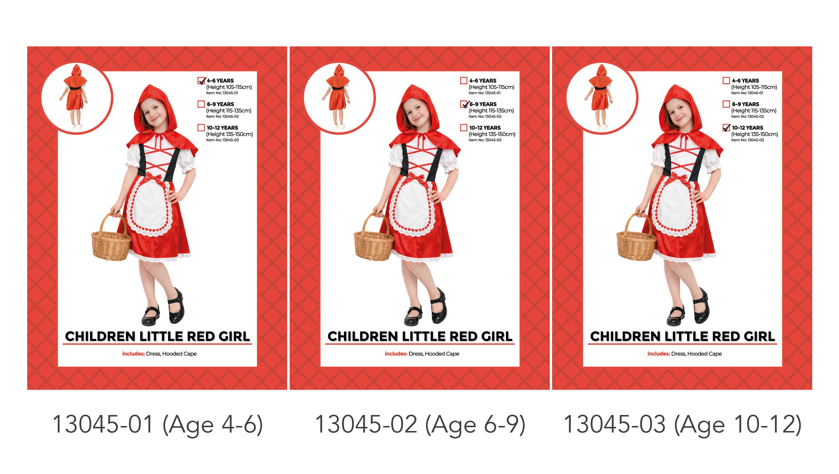 red hooded cape; red dress with black corset detail; white apron with heart trim; short puffed white sleeves; wicker basket as accessory;