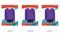 purple colour; long sleeves; round neckline; sizes Small, Medium, Large packaging; packaging with star graphics;