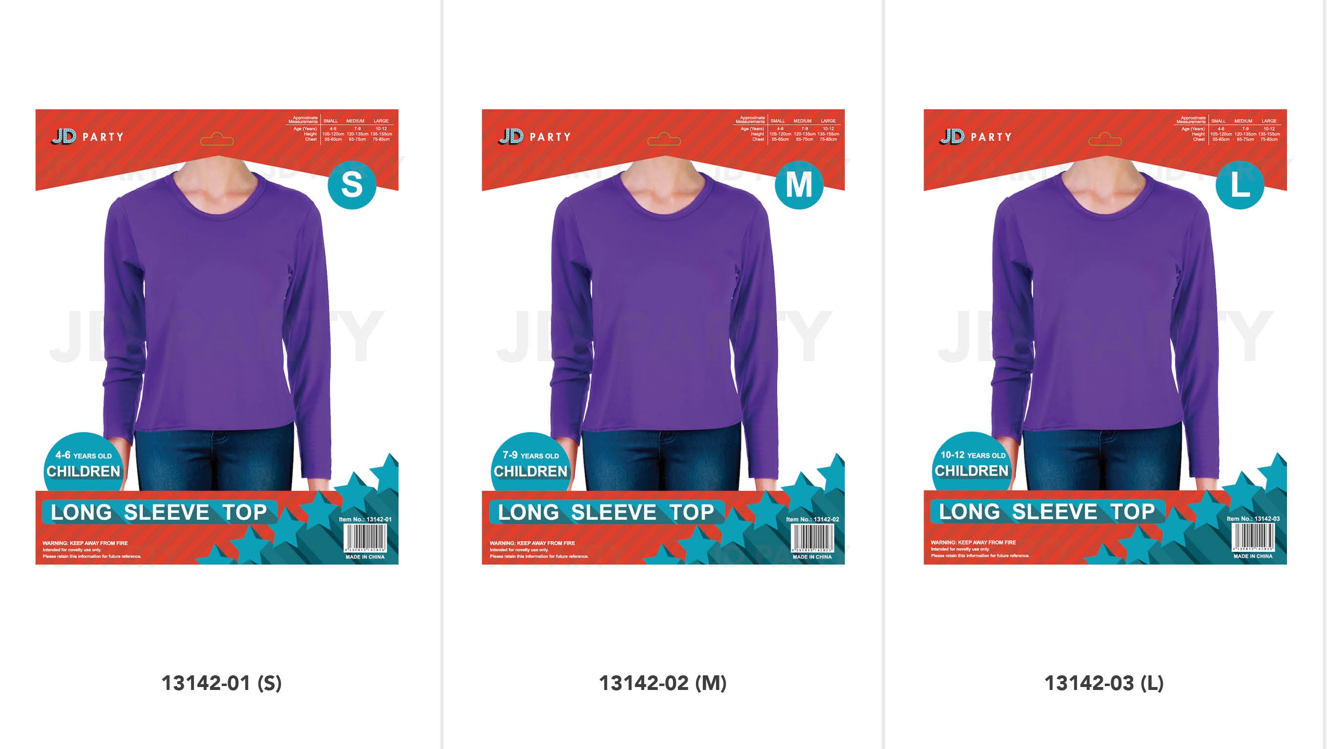 purple colour; long sleeves; round neckline; sizes Small, Medium, Large packaging; packaging with star graphics;