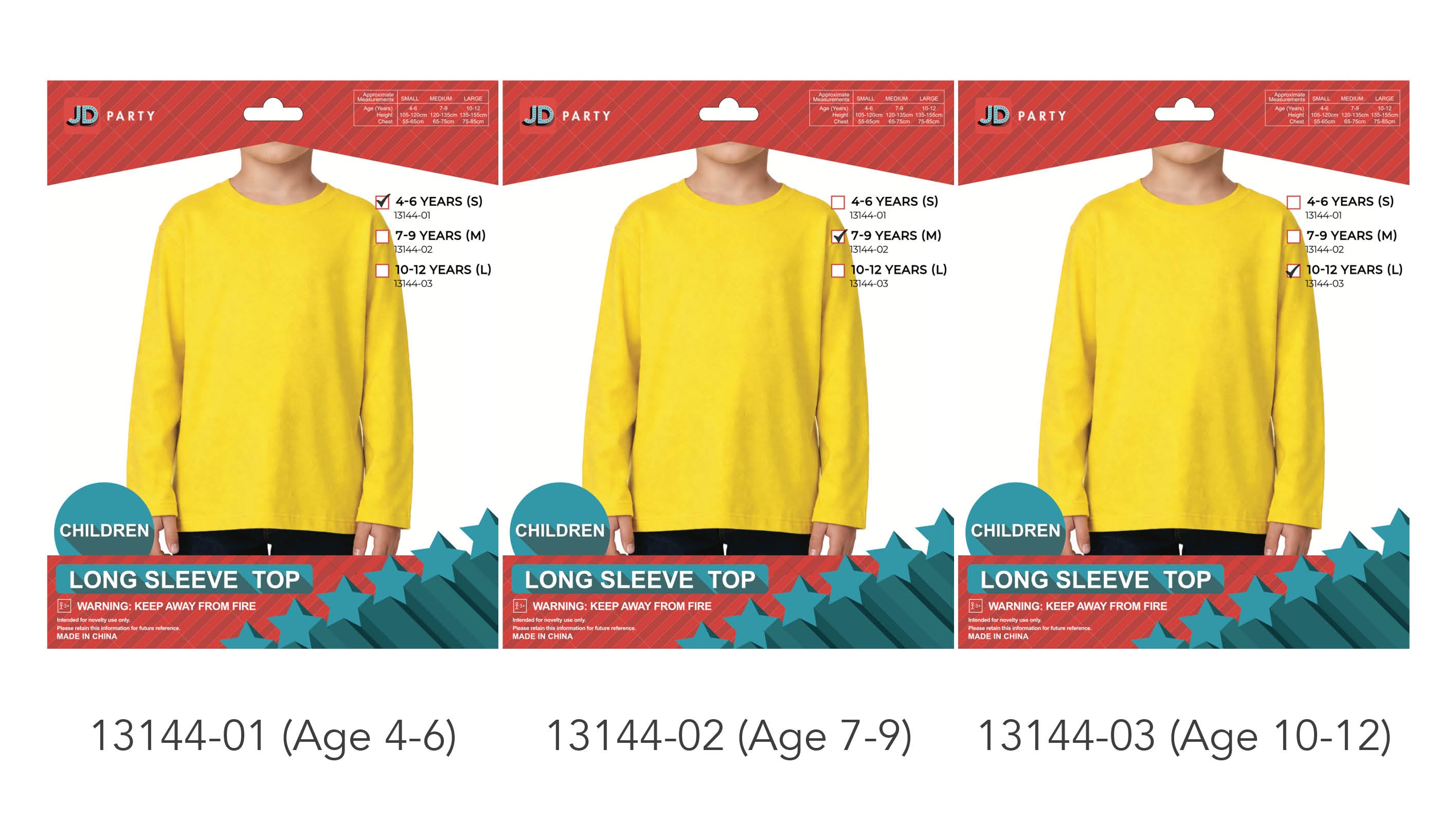 Bright yellow colour; Long sleeves; Crew neckline; Available in sizes for ages 4-6, 7-9, 10-12;