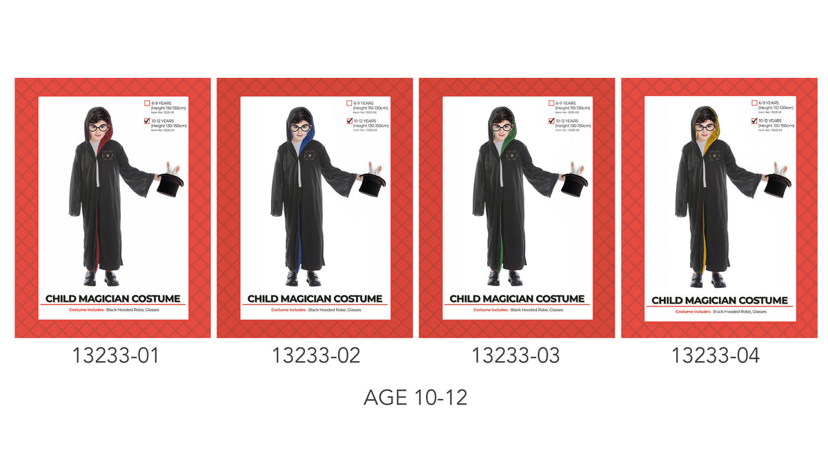 Long black hooded robe; Coloured lining visible inside the hood and down the front; Glasses shown with the costume; Packaging depicts several lining colour variations;