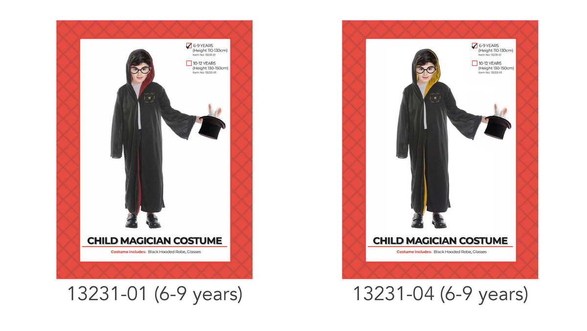 Long black robe with a hood; Wide sleeves; Decorative emblem on the chest; Glasses shown on the model;