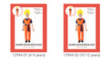 orange jumpsuit with navy blue belt; blue short-sleeve undershirt; yellow flame-shaped headpiece; option sizes for 6-9 and 10-12 years;