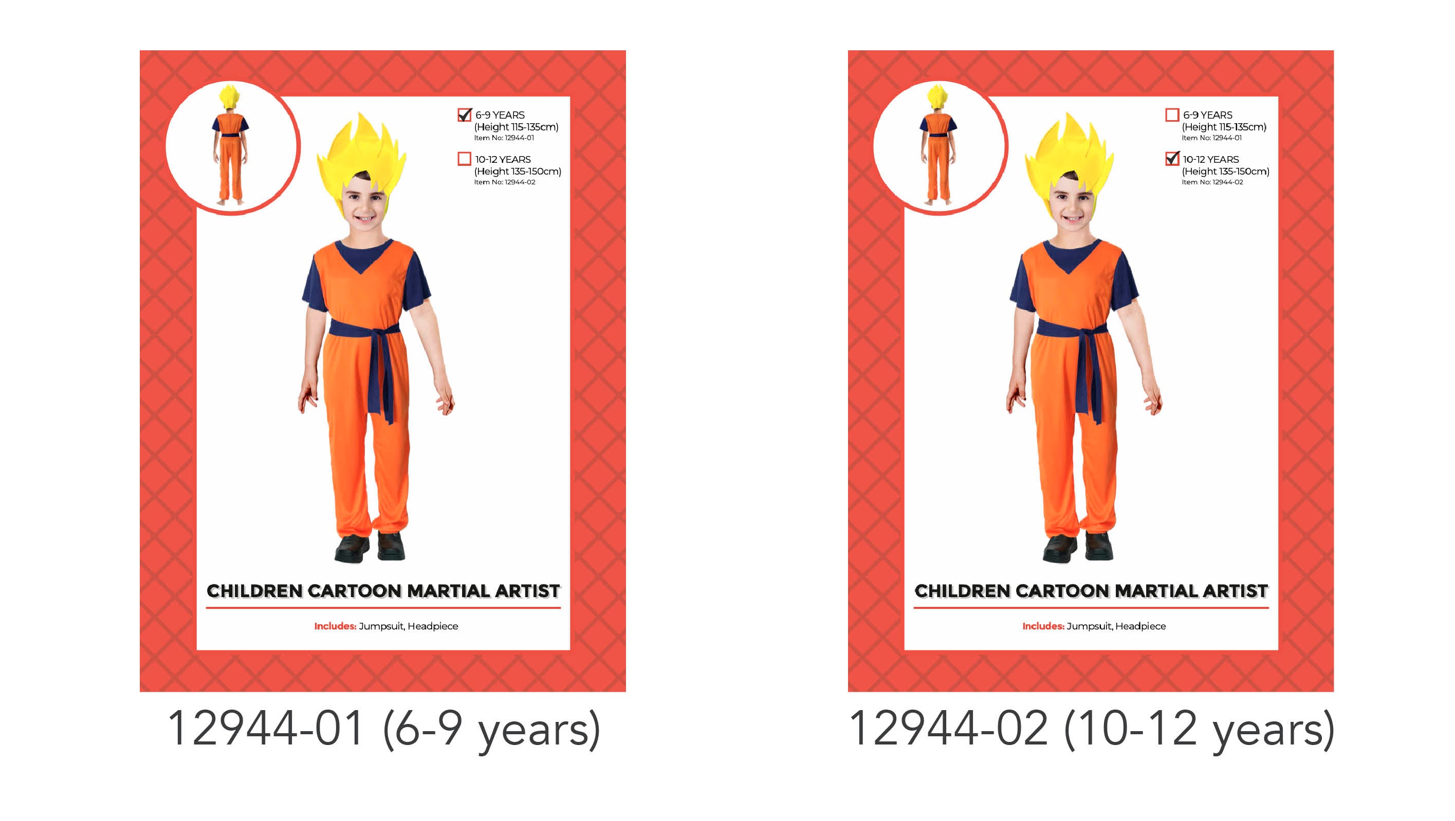 orange jumpsuit with navy blue belt; blue short-sleeve undershirt; yellow flame-shaped headpiece; option sizes for 6-9 and 10-12 years;
