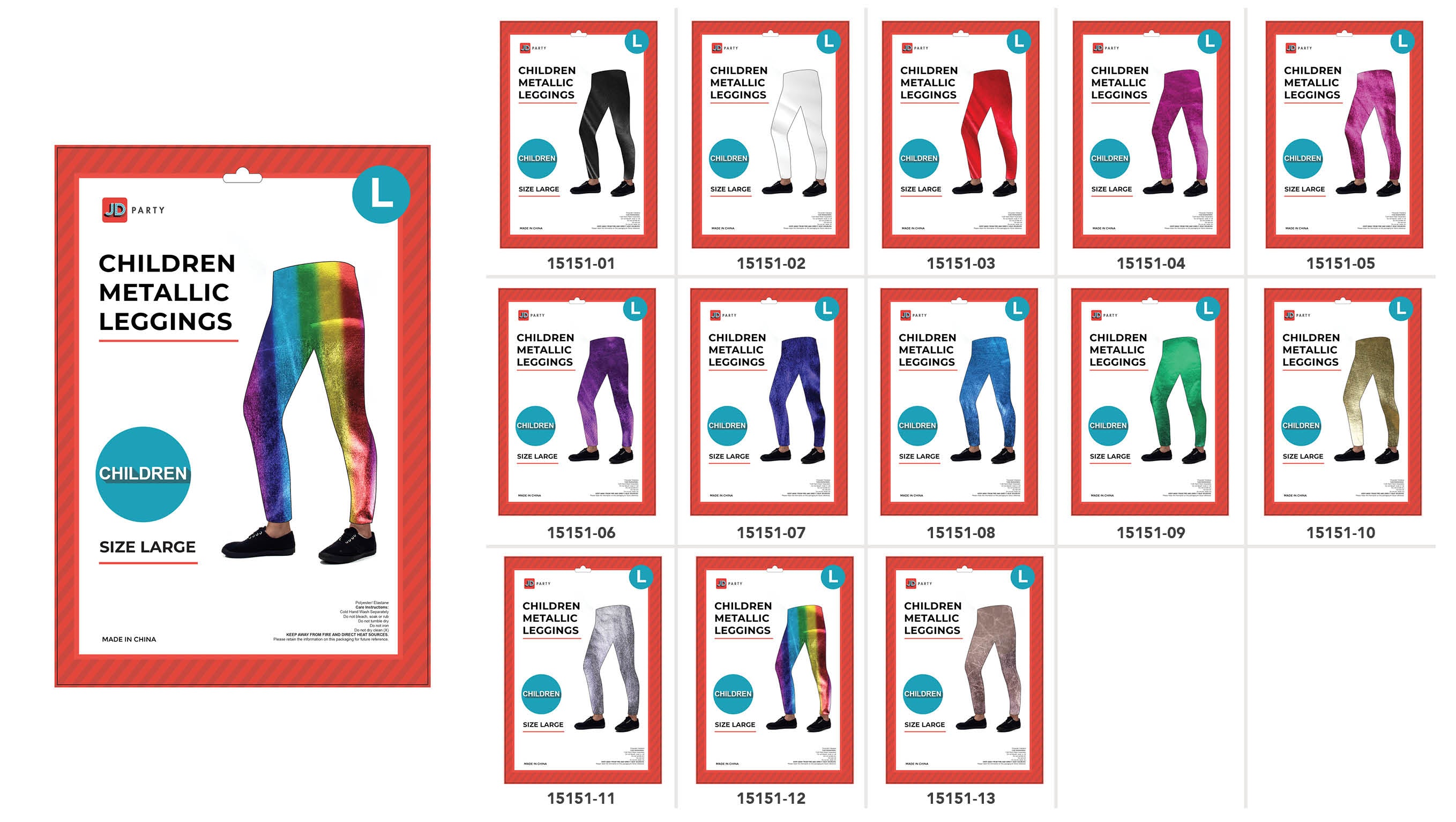 multiple vibrant metallic colours including rainbow, black, white, red, purple, blue, green, gold; leggings style; large size; packaged with clear front and orange-red border; matte metallic sheen;