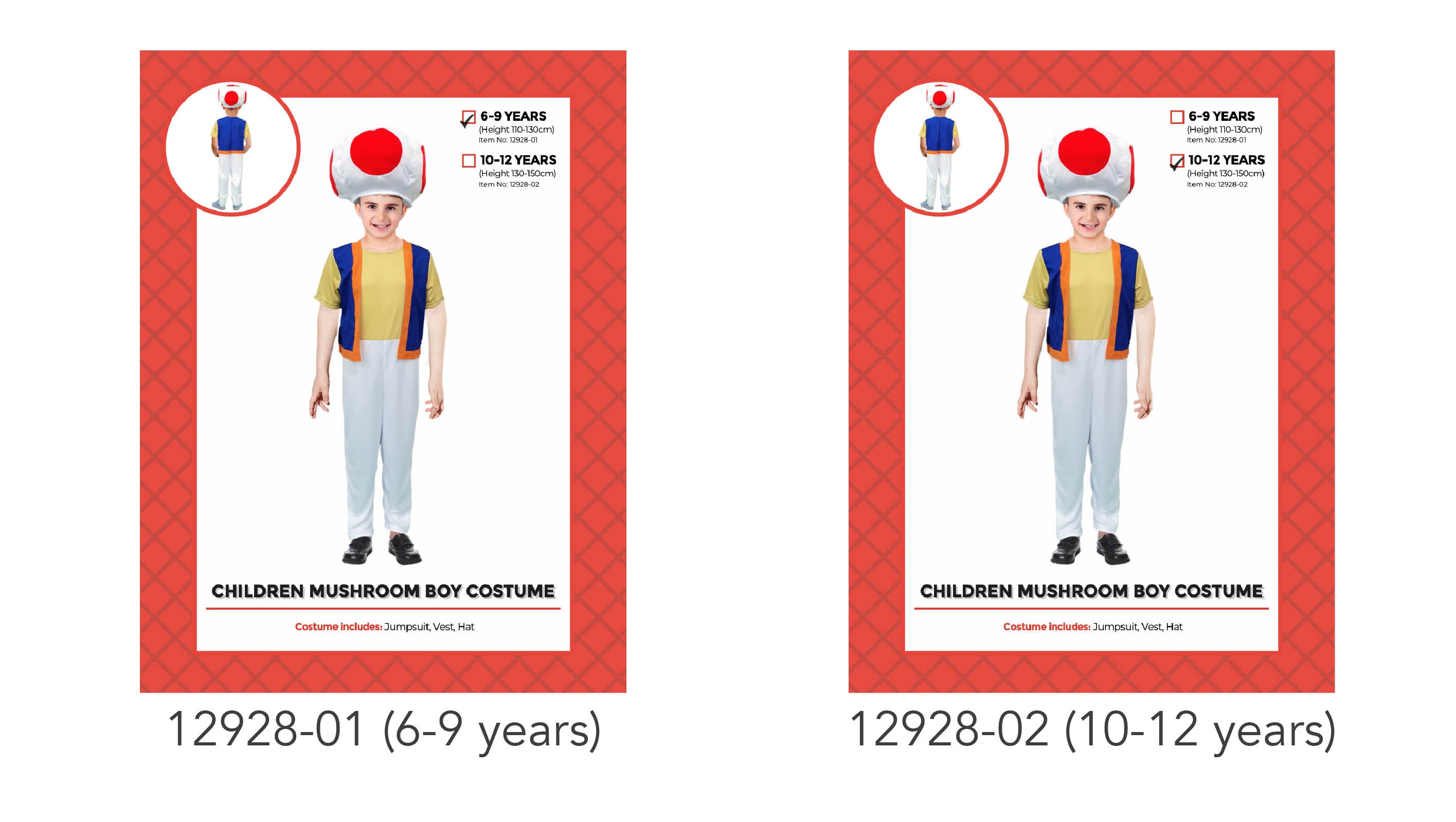 white jumpsuit with attached blue and orange vest; large mushroom hat with red spots; child model wearing the costume;