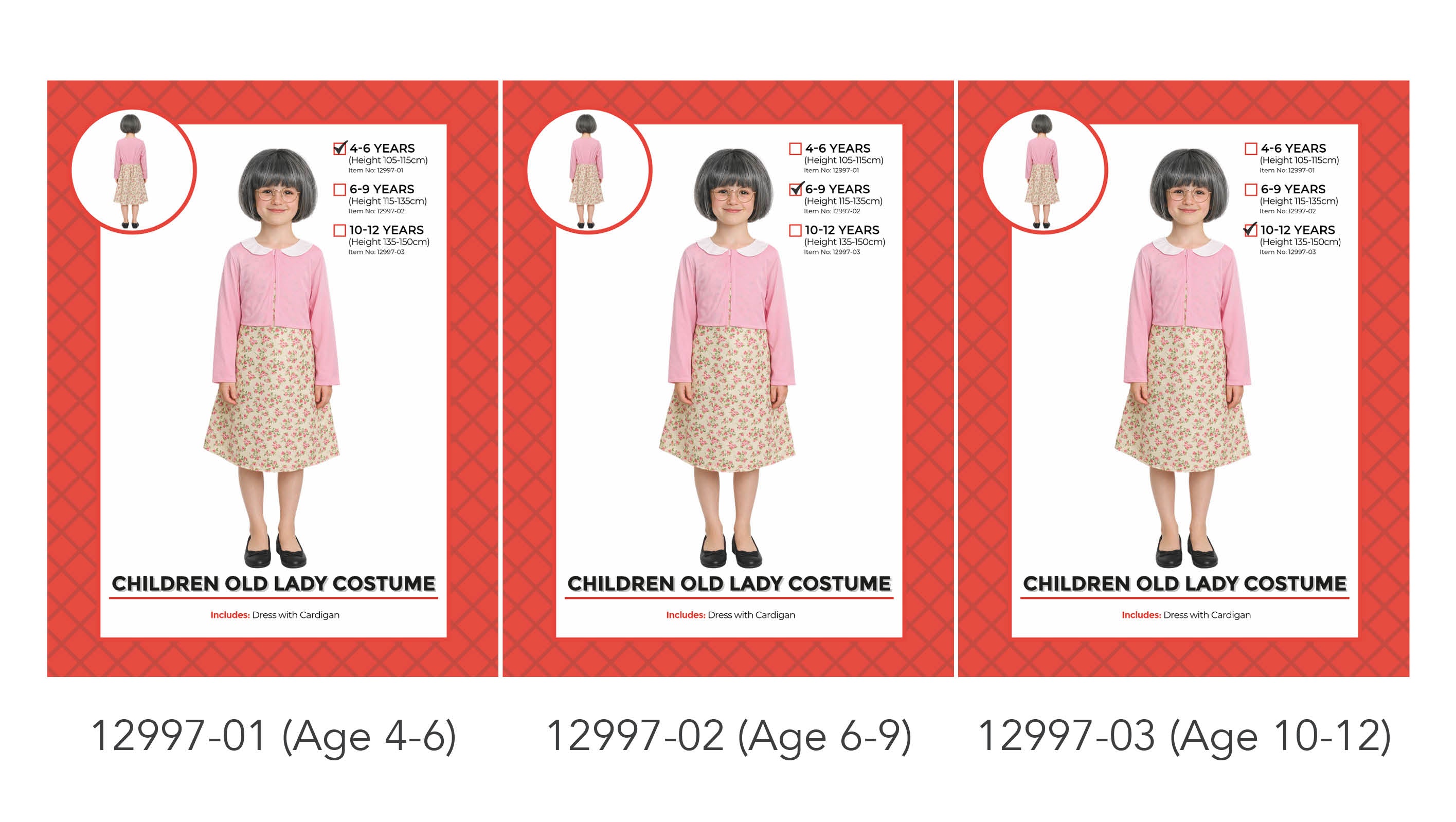 Pink long-sleeve cardigan; Floral patterned skirt; Round white collar on dress; Black flat shoes shown on model; Short grey wig with bangs;