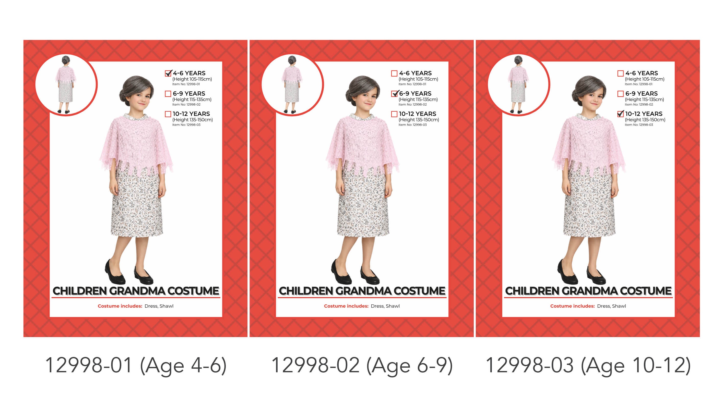 Pink lace shawl with fringed edges; Floral patterned dress in muted colours; Costume styled for children aged 4-12 years; Black flat shoes worn by model; Hair styled to complement old lady look;