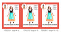 brown and white dress with turquoise apron; includes white hat with pink ribbon; available in multiple child sizes; dress features lace trim at hem; brown shoes worn by model;