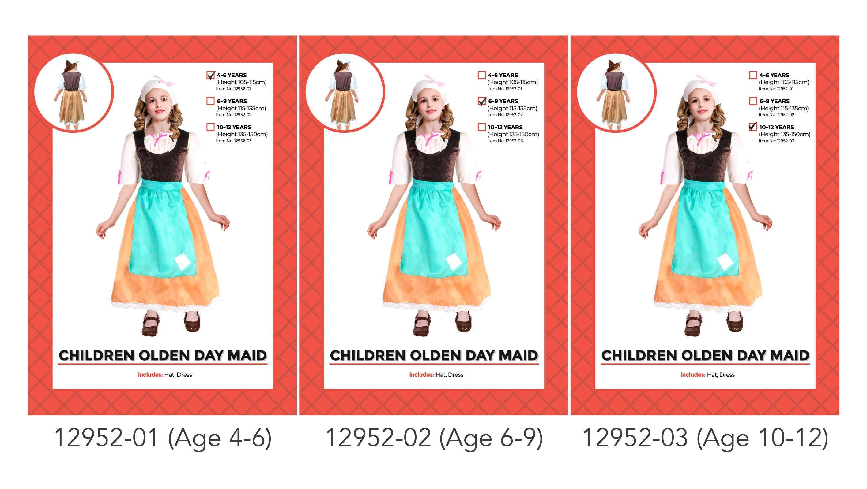 brown and white dress with turquoise apron; includes white hat with pink ribbon; available in multiple child sizes; dress features lace trim at hem; brown shoes worn by model;