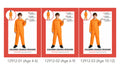 bright orange jumpsuit; long sleeves with zipper front; child holding metal-coloured handcuffs; available in 3 sizes for ages 4-12; plain orange back of jumpsuit;