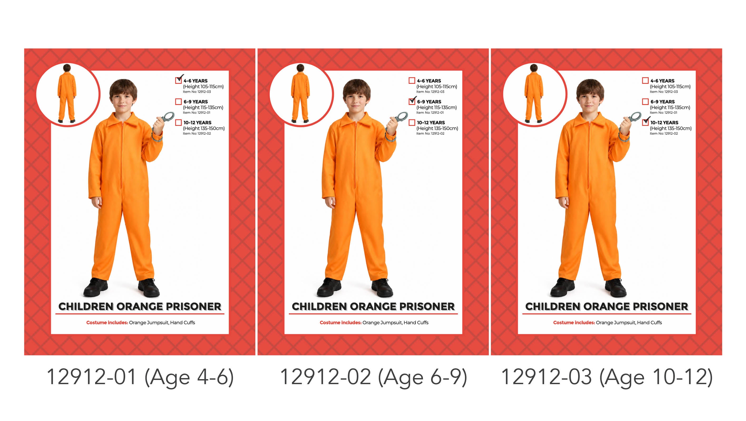 bright orange jumpsuit; long sleeves with zipper front; child holding metal-coloured handcuffs; available in 3 sizes for ages 4-12; plain orange back of jumpsuit;