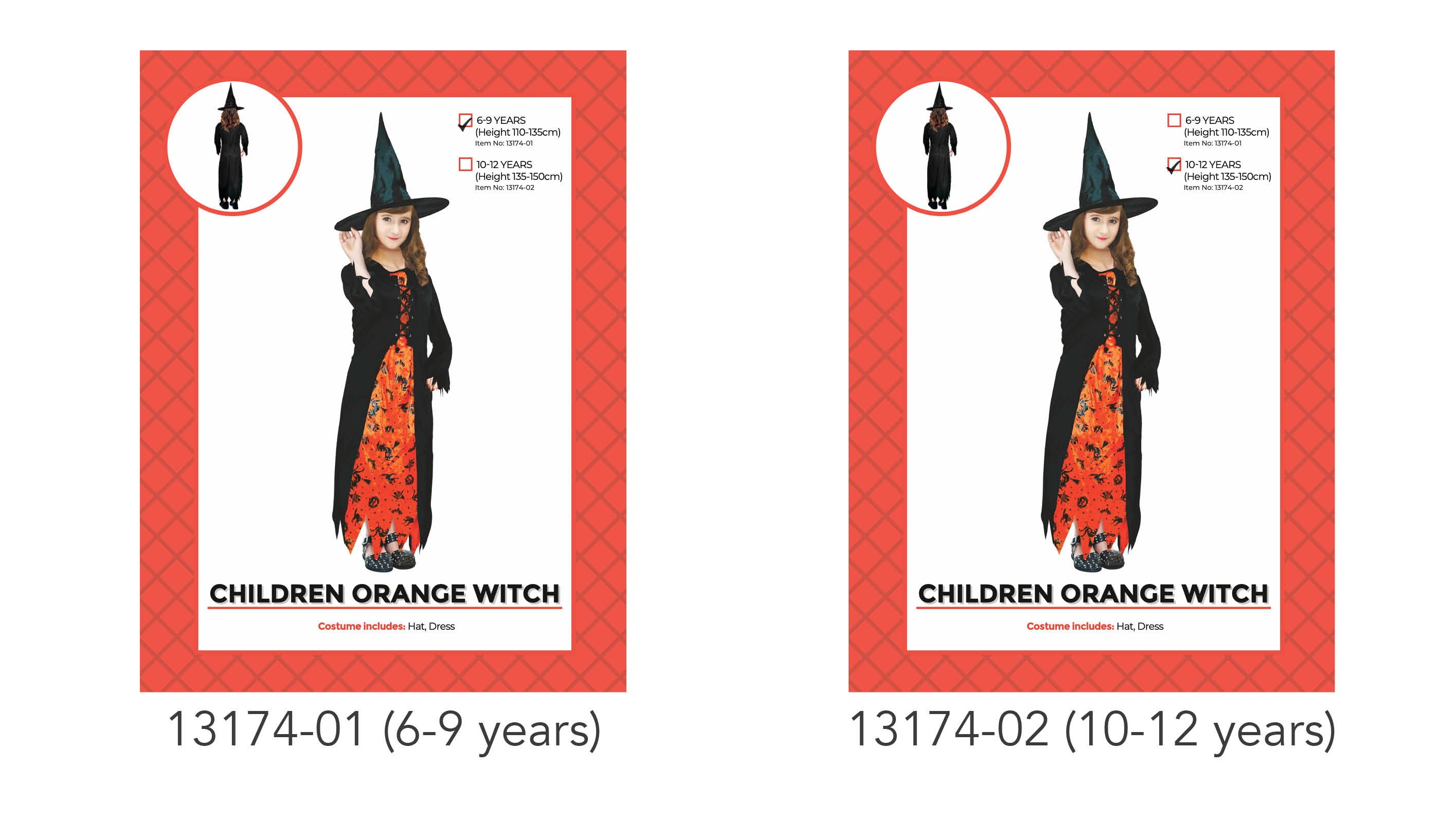Black and orange colour scheme; Long-sleeve dress; Orange front panel with Halloween prints; Pointed black witch hat; Available in sizes for ages 6-9 and 10-12 years;