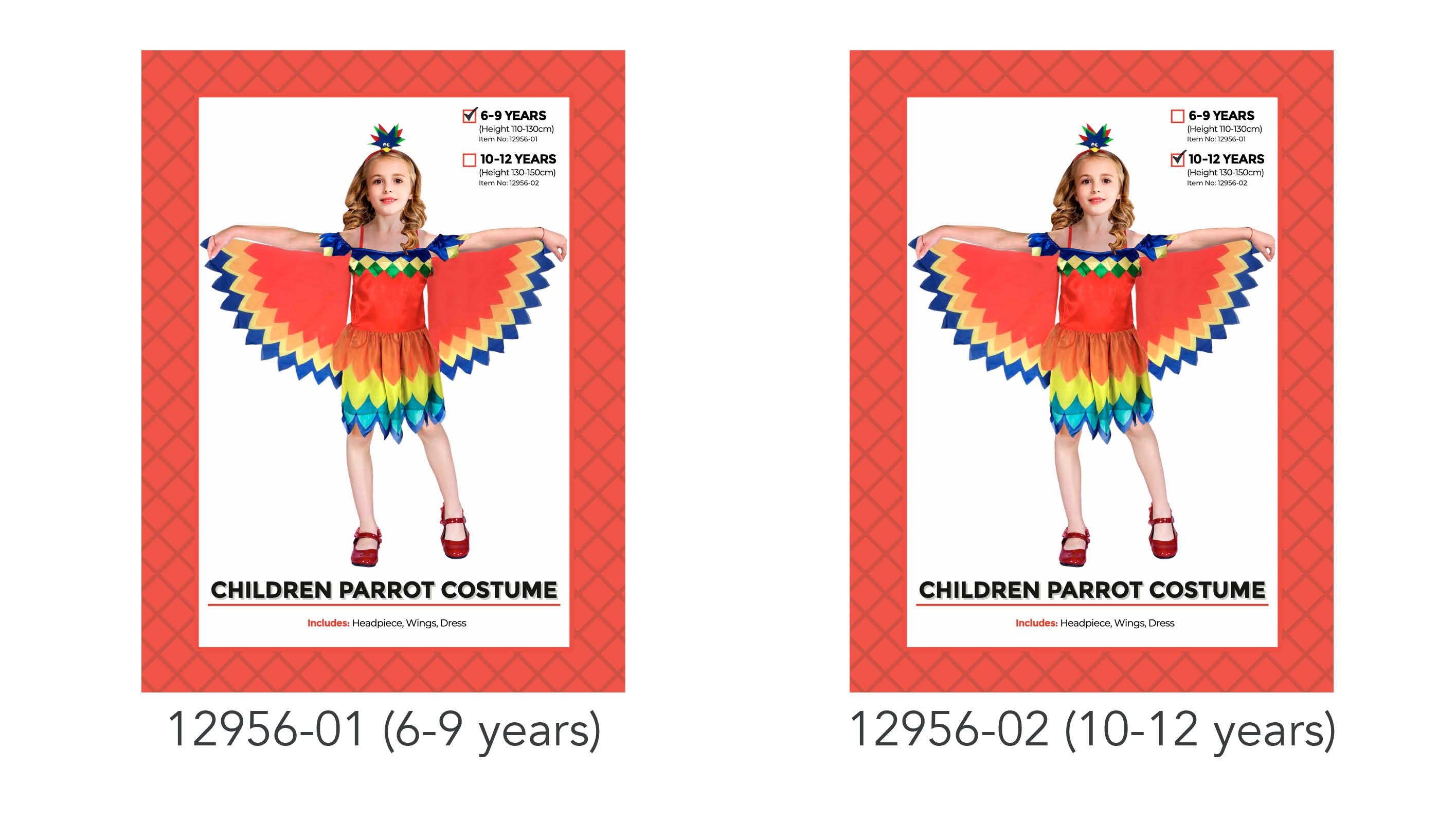 Bright multicolour dress with wing attachments; Headpiece with feather details; Available in sizes for ages 6-9 and 10-12 years; Dress has a jagged hemline resembling feathers; Wings are attached to dress, with bold red, yellow and blue colours;