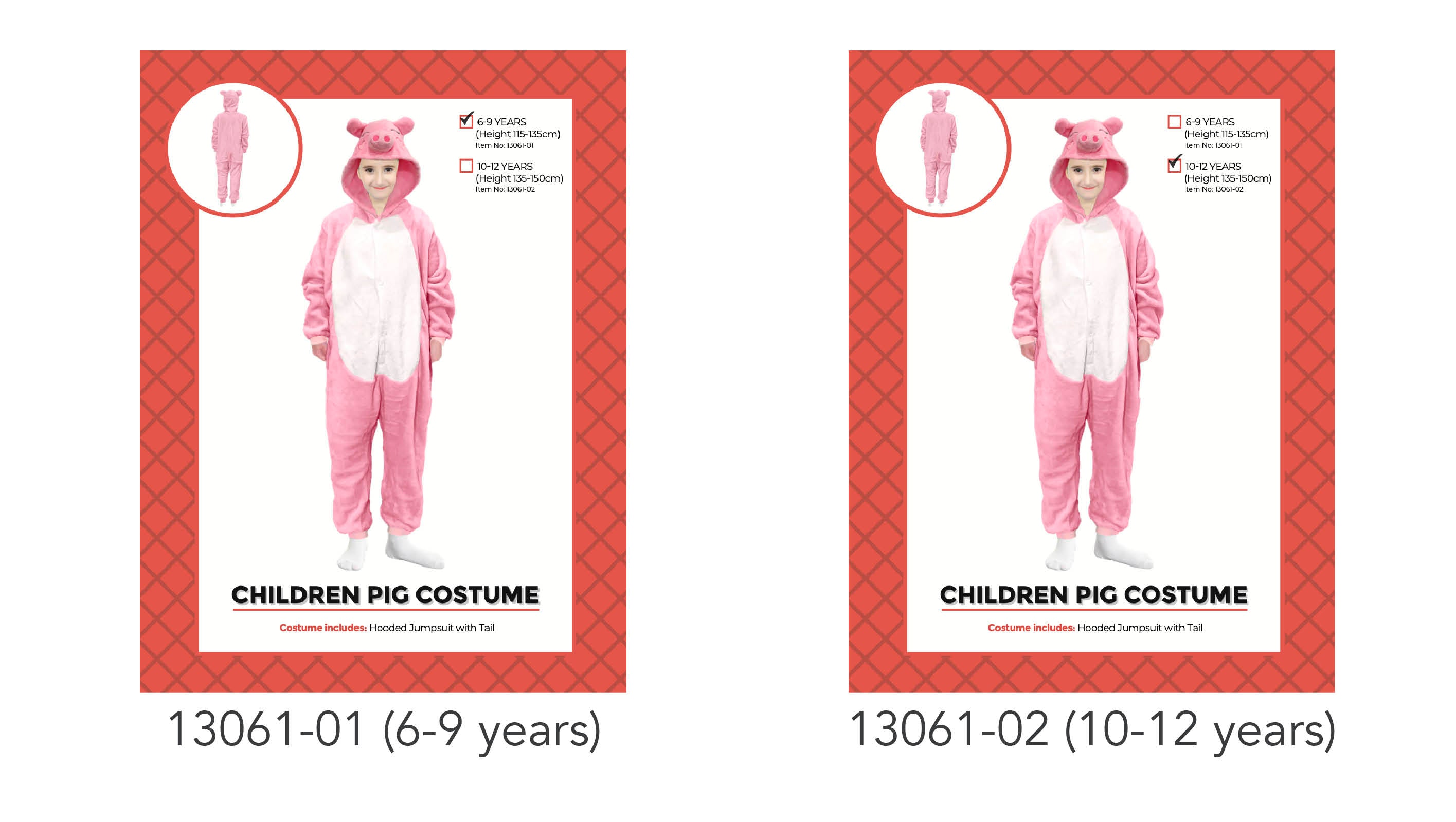 pink fleece jumpsuit with white belly panel; attached hood with pig ears and snout; full length onesie with long sleeves and legs; visible tail attached at back;