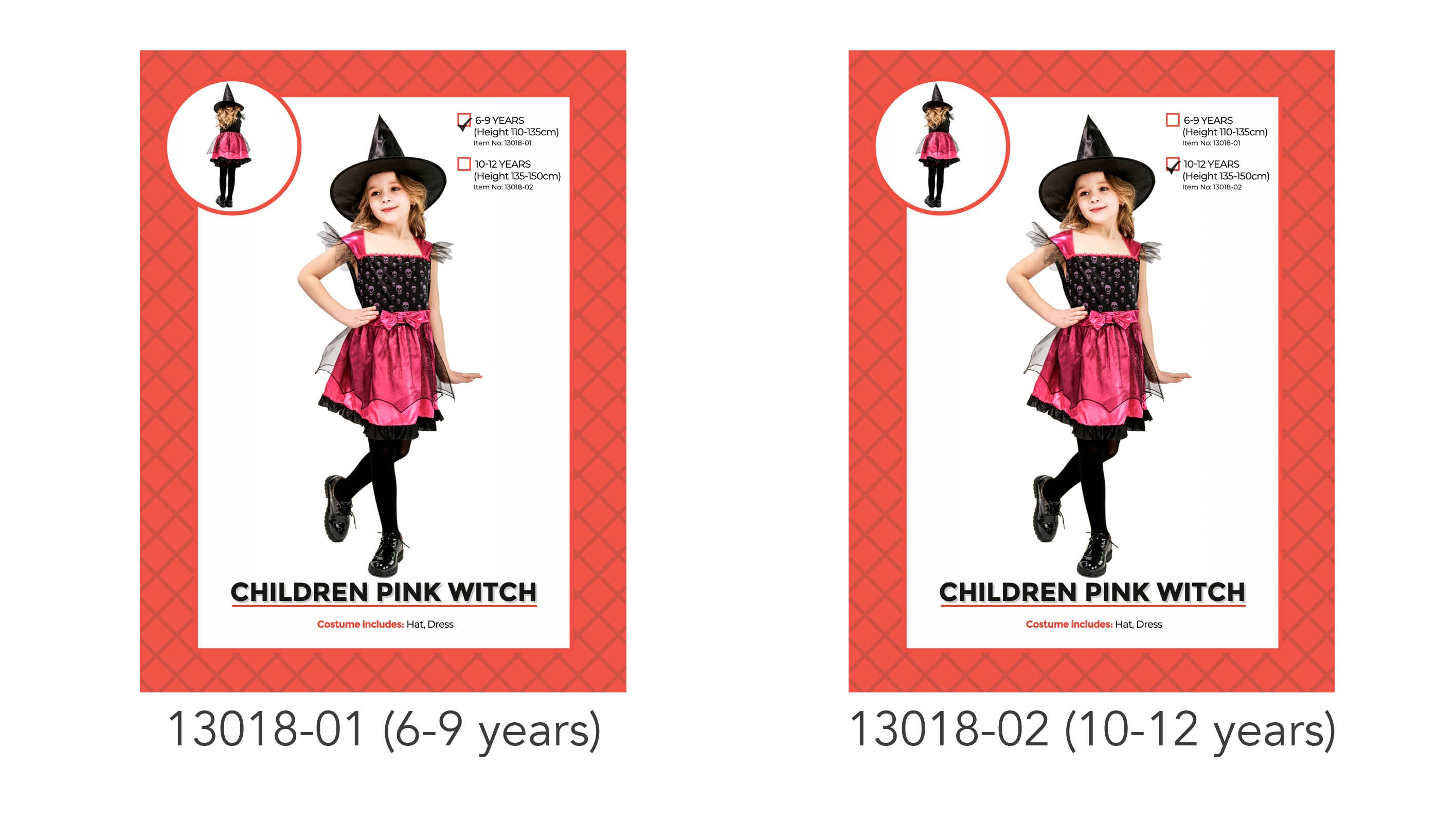 Pink and black dress with bow and skull patterns; Matching pointed witch hat; Dress features tulle shoulder accents; Model shown wearing black tights and shoes;