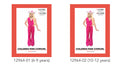 bright pink colour; two-piece set with top and pants; children's costume; elastic waistband on pants; modeled by child;