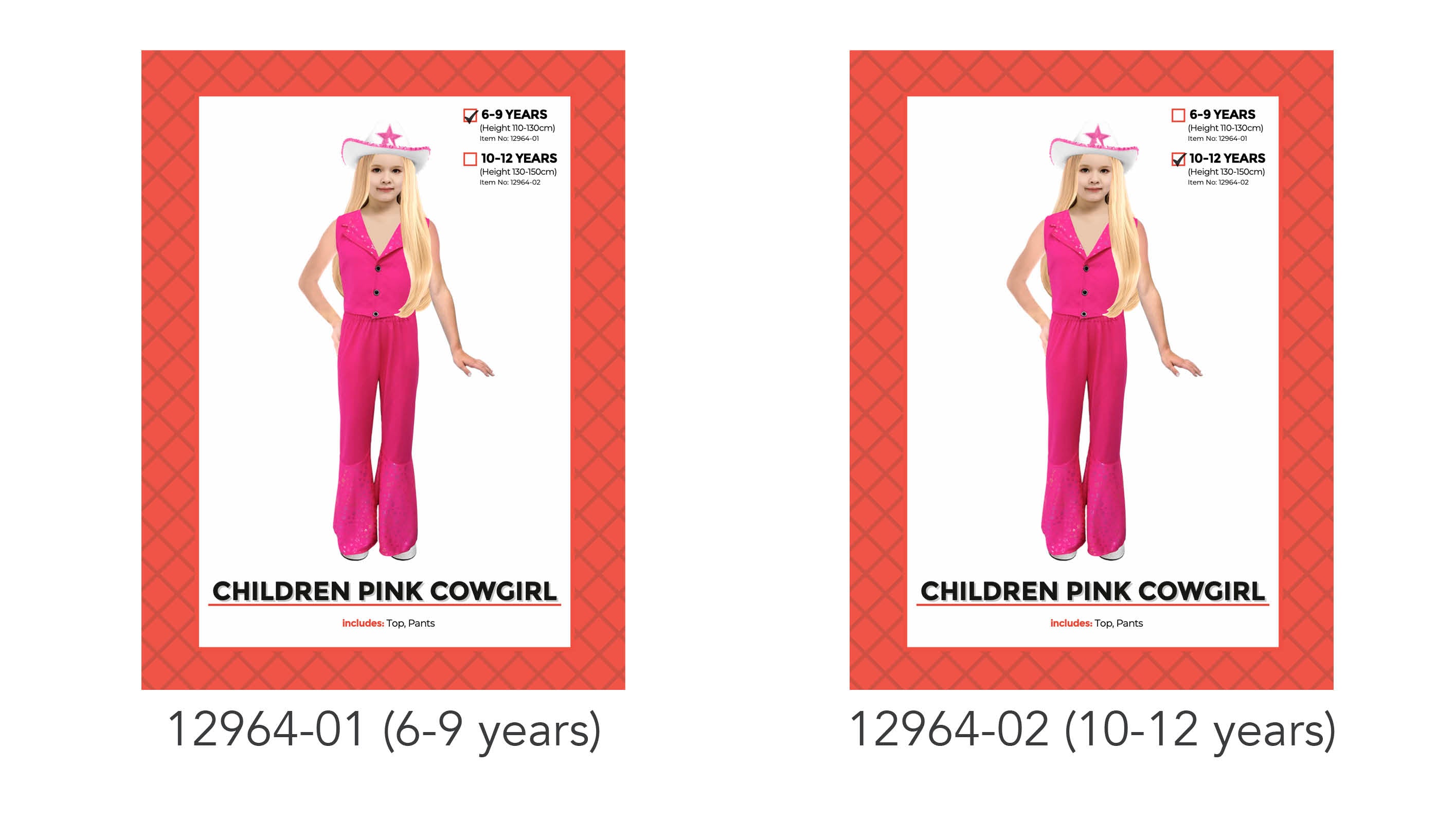 bright pink colour; two-piece set with top and pants; children's costume; elastic waistband on pants; modeled by child;