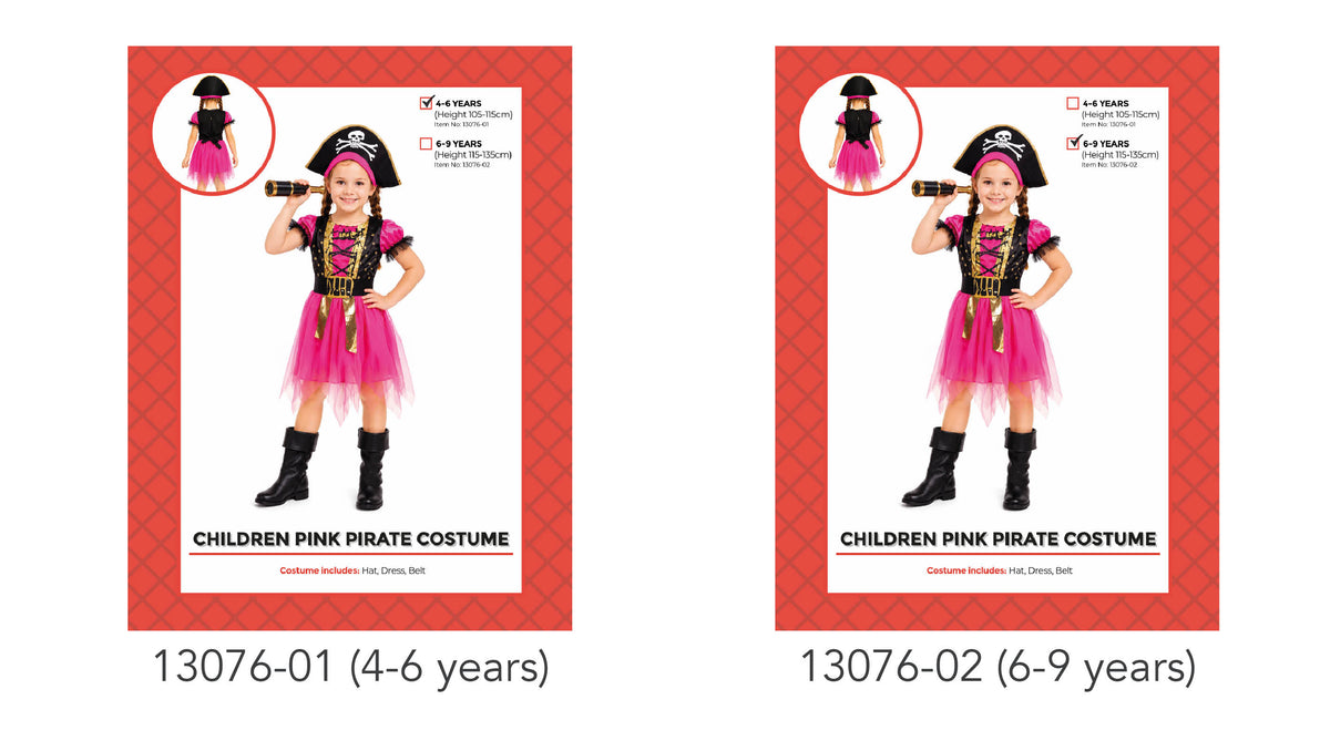 Bright pink skirt with layered, sheer tulle; Black pirate hat with a white skull-and-crossbones design; Black bodice with gold-tone decorative details; Costume shown on red patterned packaging;