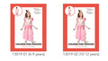 pink princess dress; gold crown headpiece; short puff sleeves; available in 6-9 and 10-12 years sizes;