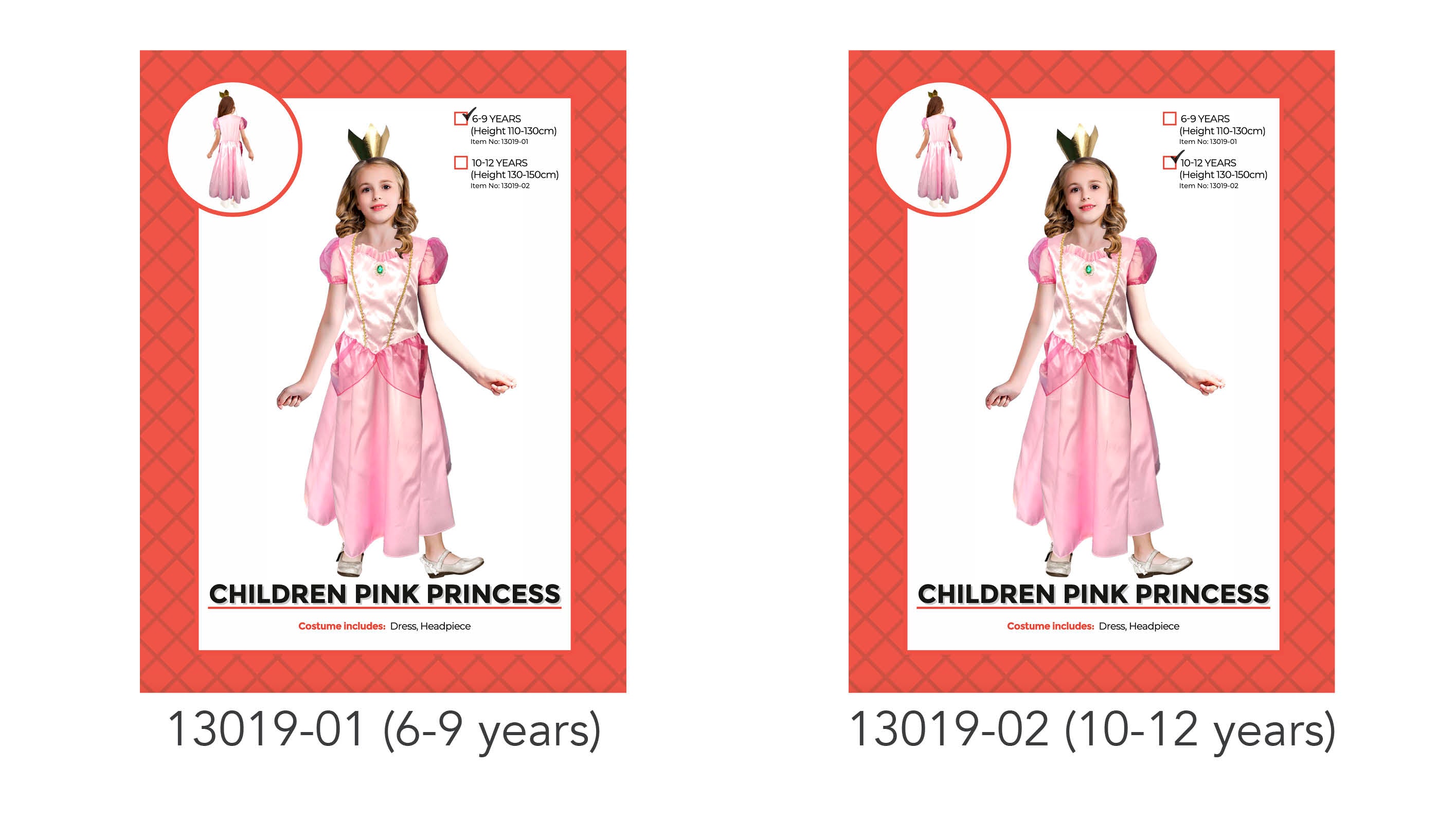 pink princess dress; gold crown headpiece; short puff sleeves; available in 6-9 and 10-12 years sizes;