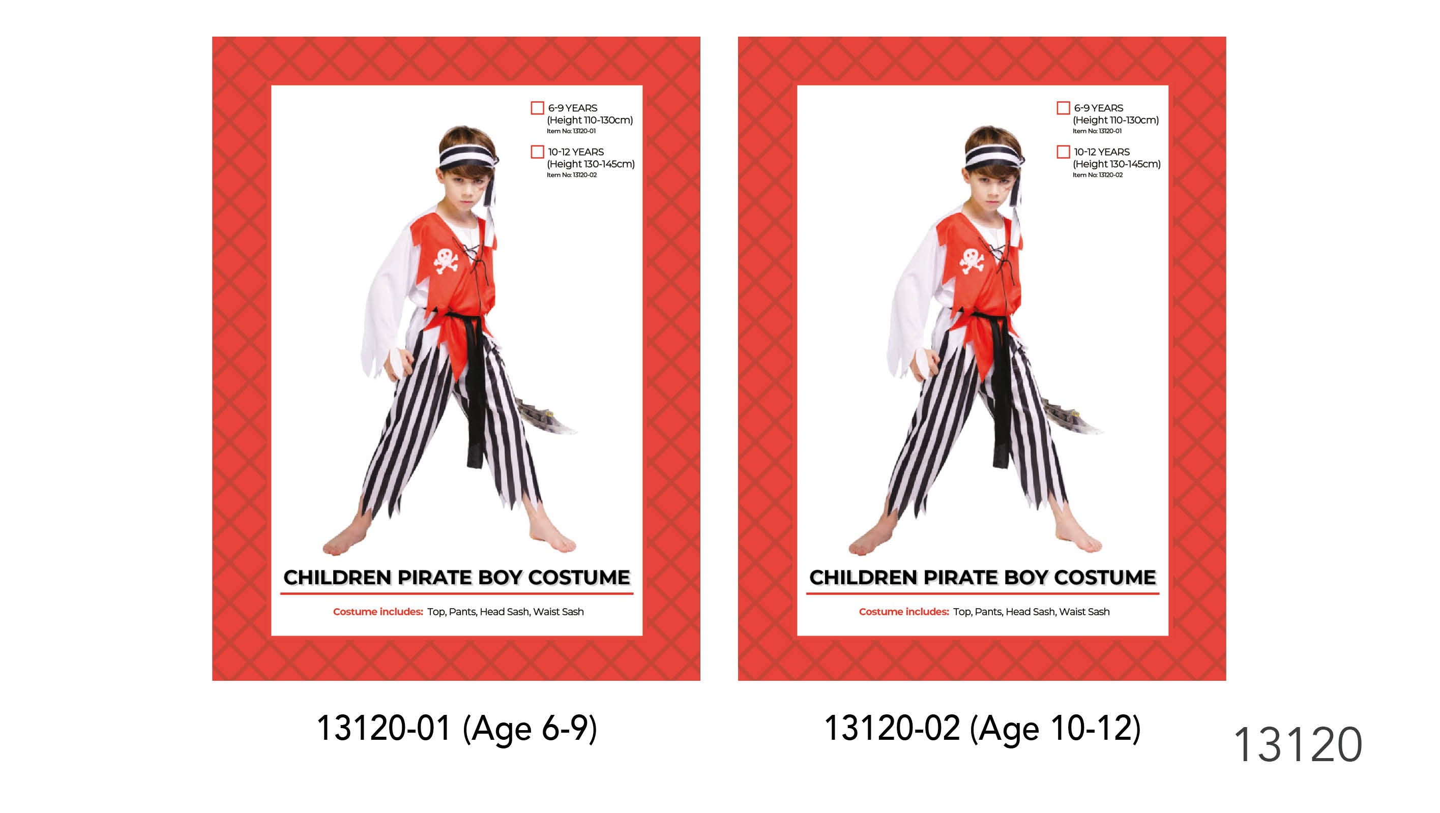 Red pirate vest top with skull print; Black and white striped pants; Black head sash with white stripes; Black waist sash; Long sleeves with jagged cuff edges;