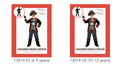 Black, red and gold long jacket with skull-and-crossbones graphic; Grey pirate hat; Black eye patch; Dark trousers with brown cuffs and gold trim;