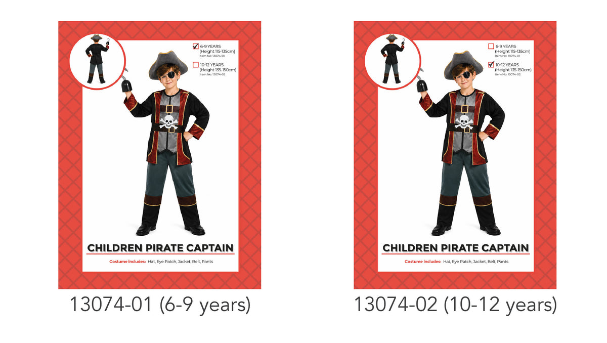 Black, red and gold long jacket with skull-and-crossbones graphic; Grey pirate hat; Black eye patch; Dark trousers with brown cuffs and gold trim;