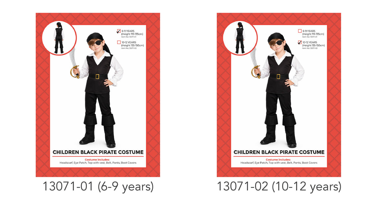 Black costume with a white collar and sleeves; Black headscarf and eye patch; Gold-coloured rectangular belt buckle; Red patterned packaging;