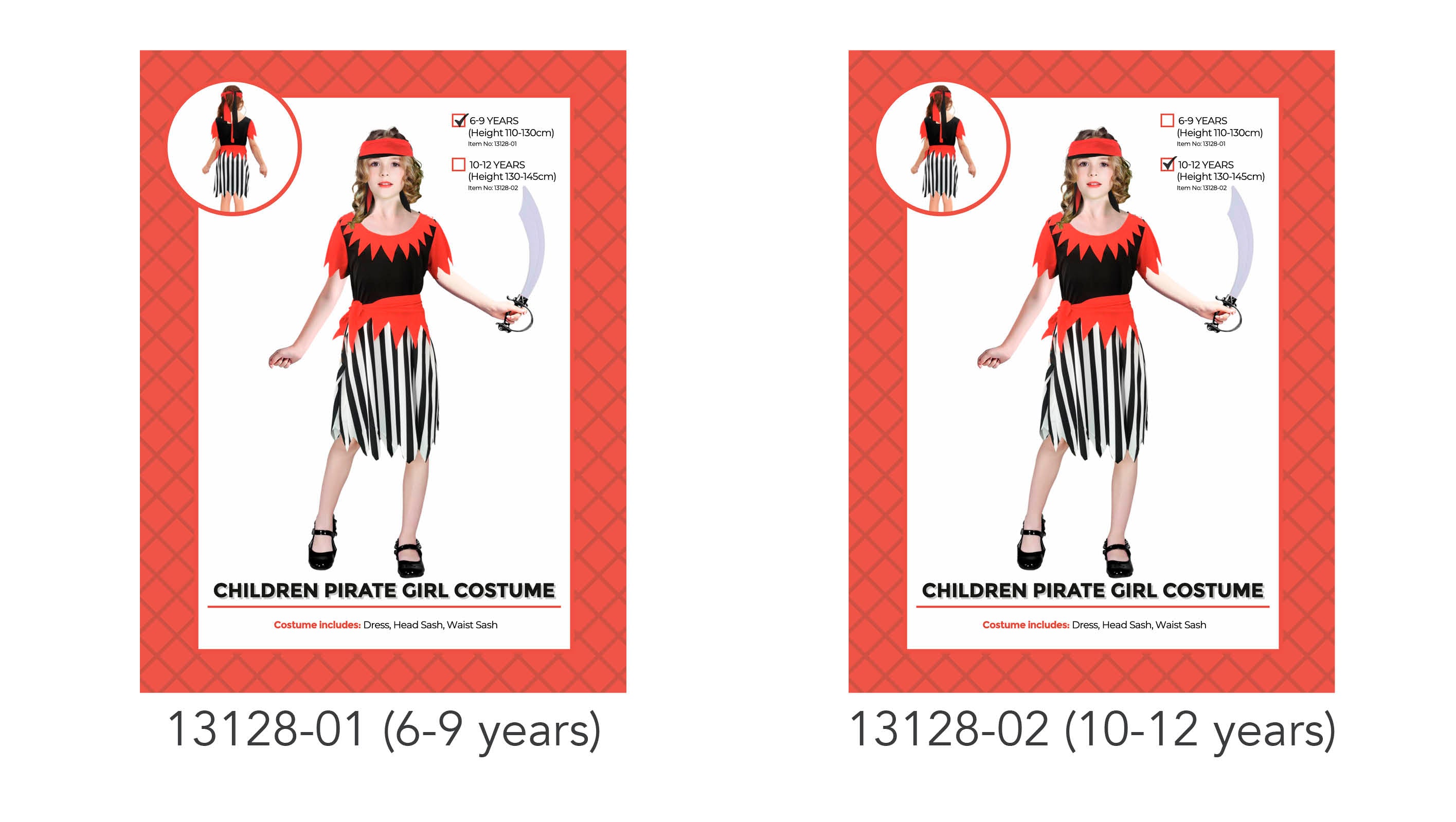 Black and white striped skirt; Red jagged-edge top and sashes; Includes head sash and waist sash; Shown with toy pirate sword; Available in two sizes for children;