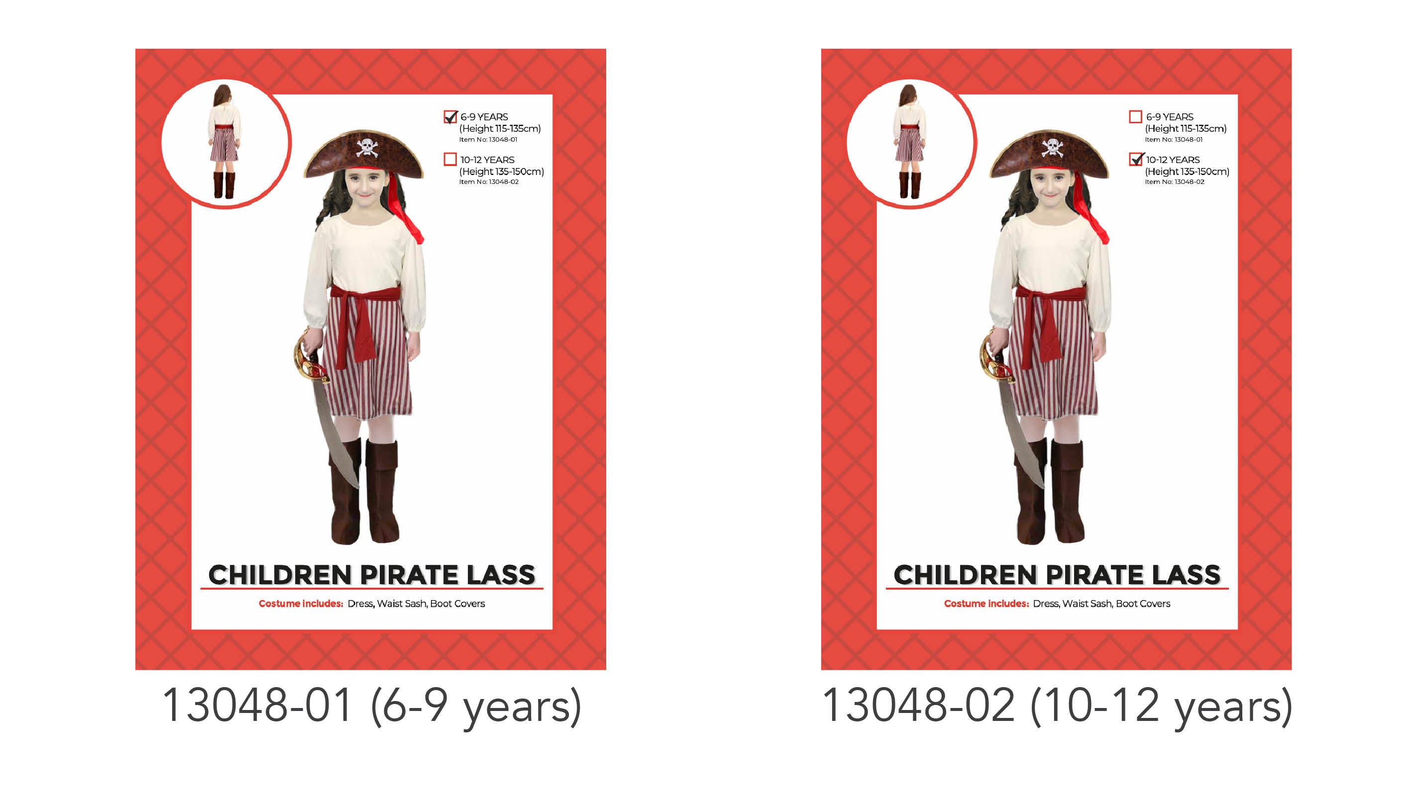 Red and white striped skirt; Long sleeve cream top attached to dress; Red waist sash; Brown boot covers; Child wearing pirate hat and holding toy sword (not included);