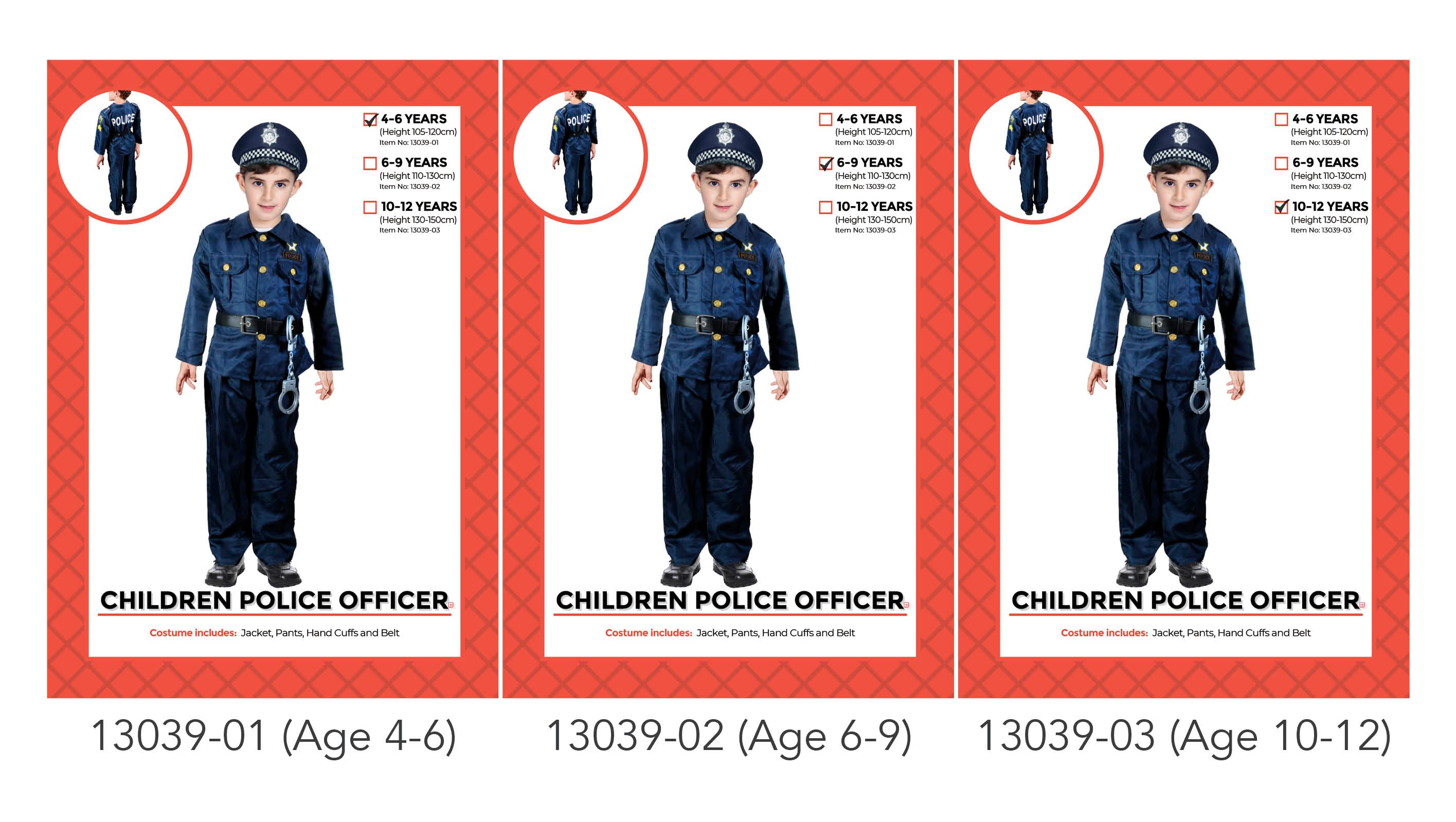 Navy blue jacket and pants; Gold buttons on jacket; Includes handcuffs and black belt; Police badge and star details on jacket; Cap with checkered band and police badge;