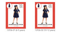 navy blue short dress with skirt; matching navy hat with police badge; black belt with silver buckle; police badge emblem on dress chest;