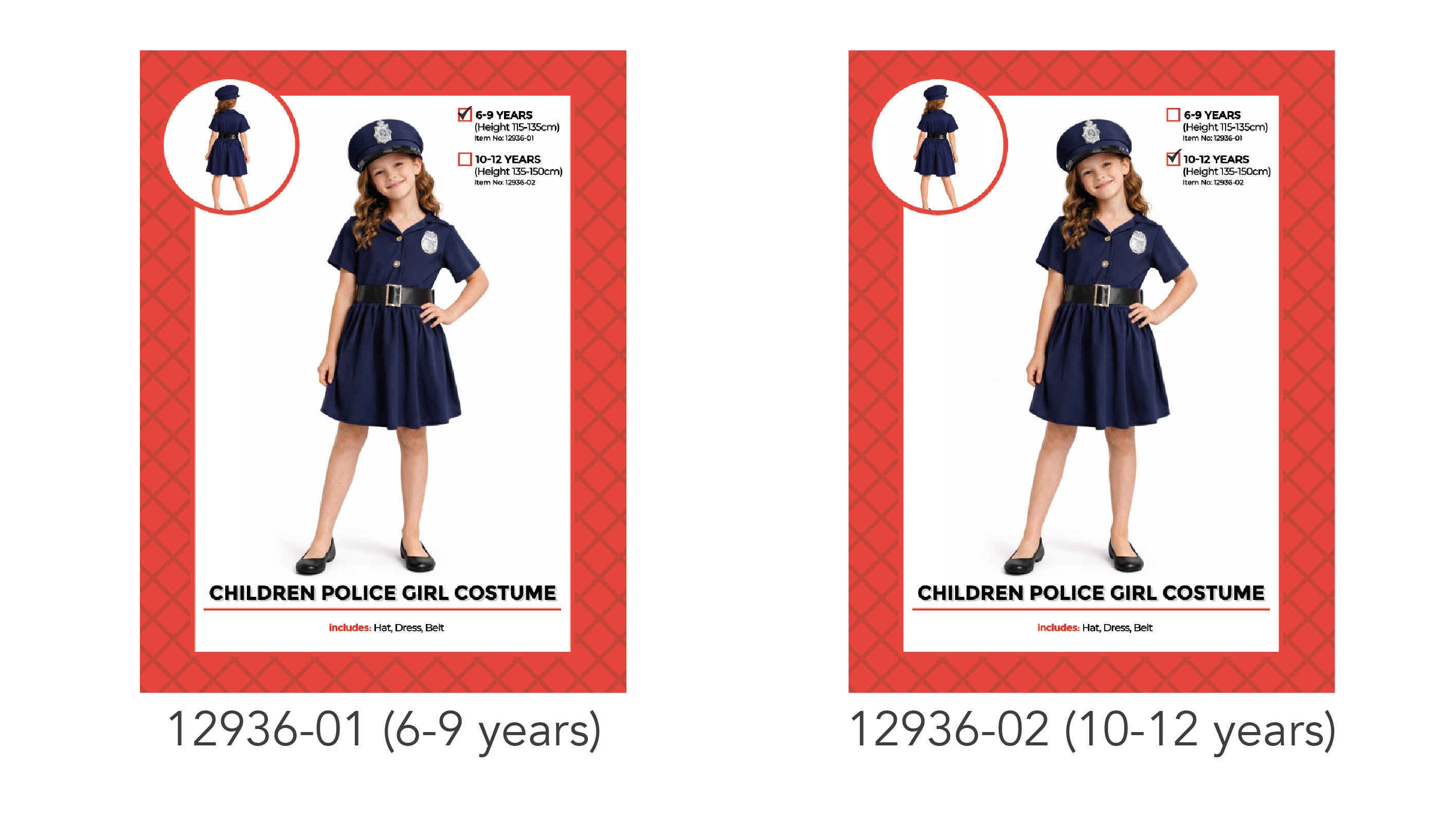 navy blue short dress with skirt; matching navy hat with police badge; black belt with silver buckle; police badge emblem on dress chest;