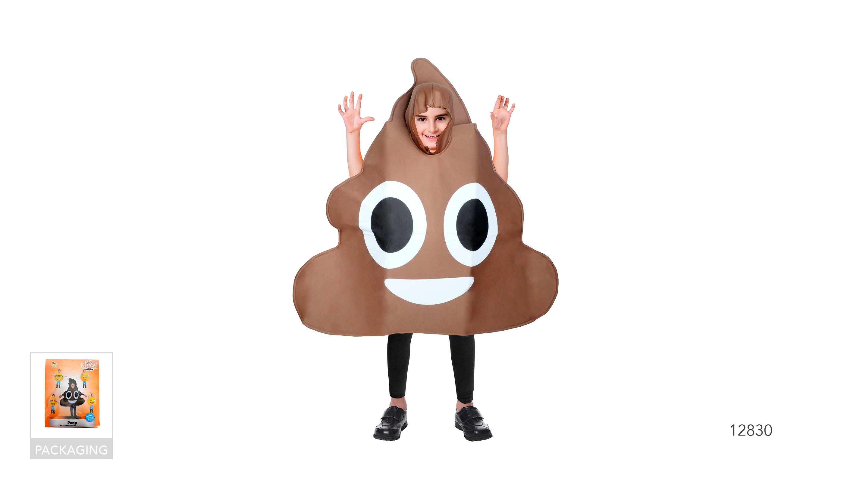 brown poop emoji shape; smiling face with large white eyes; head opening for face; soft fabric material;