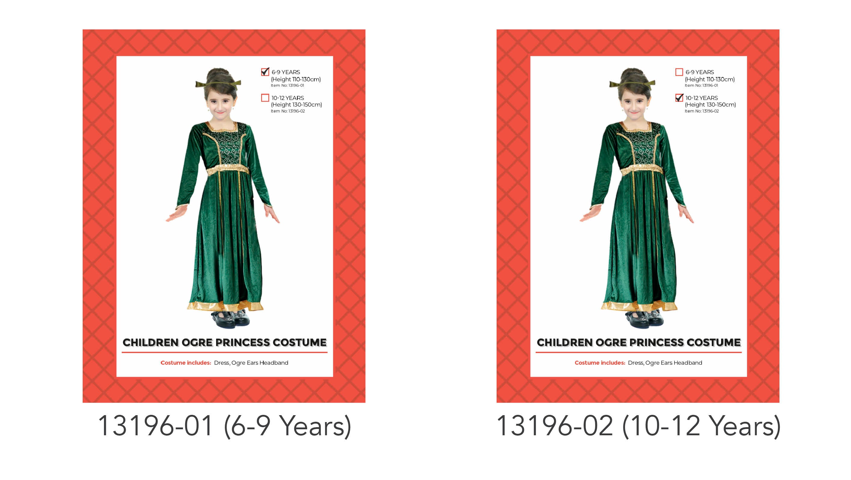 Green long sleeve dress with gold trim; Gold belt and bottom hem detail; Ogre ears headband accessory; Suitable for children size 6-9 or 10-12 years;