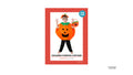 bright orange felt tunic shaped like a pumpkin; black jack-o'-lantern face on front; green felt leaf neckline detail; matching orange felt hat with green leaf; small orange pumpkin-shaped bag included;
